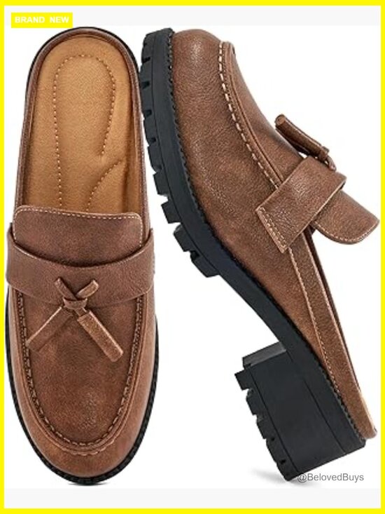 Shoes - Womens Mules Loafers Slip On Platform Chunky Heel Tassel Work Shoes Office